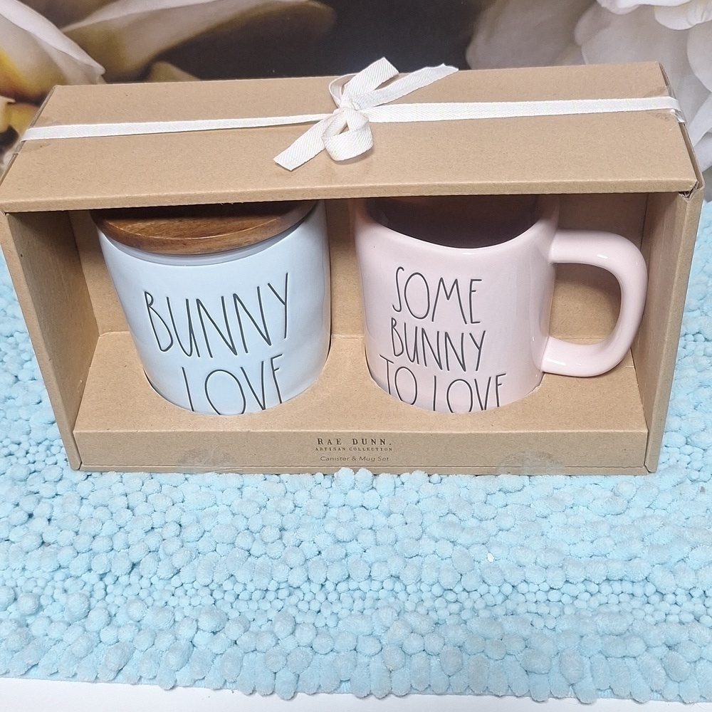 NWT bunny love/ some bunny to love canister & mug set. Blue, pink